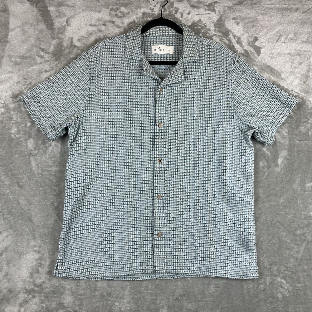 Hollister Button Front Shirt Men's L Blue Weave Thick Textured Checkered Knit
